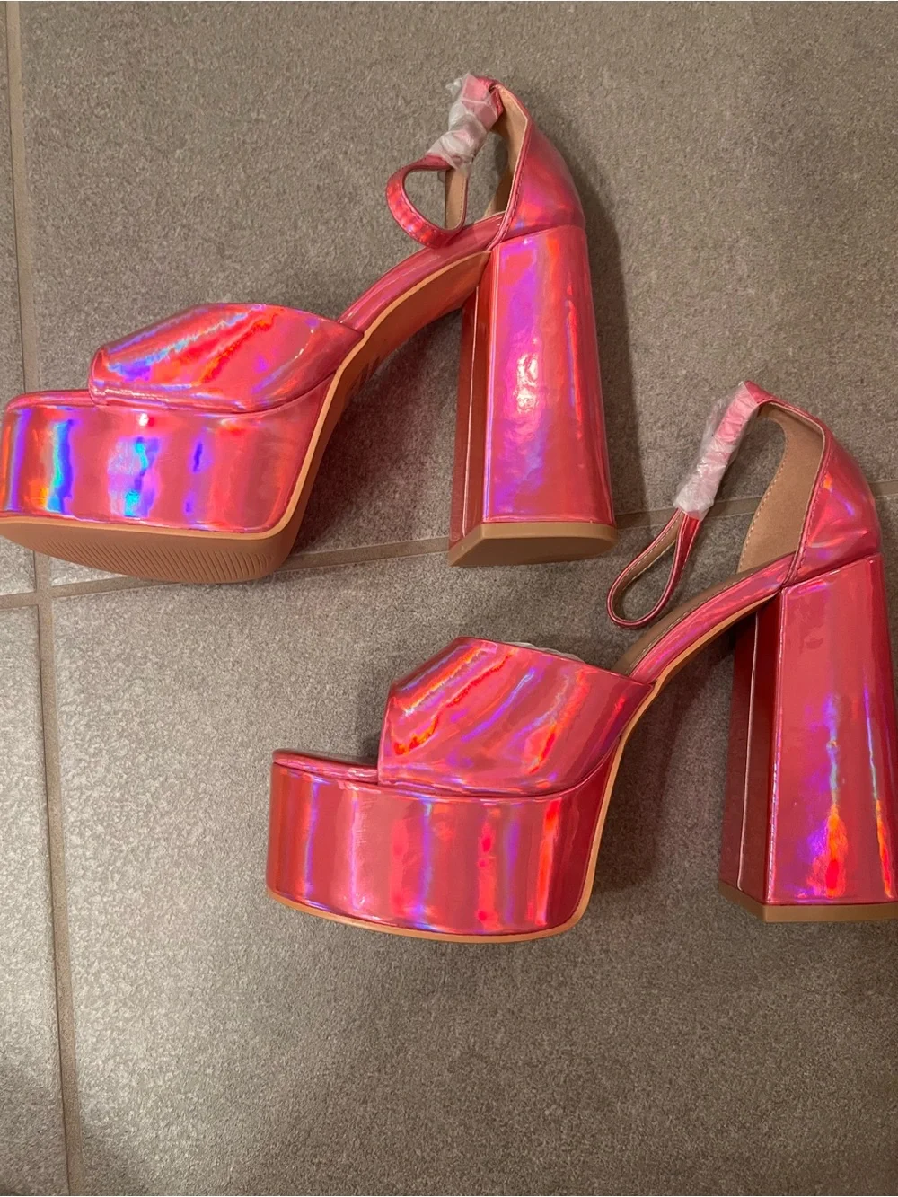 New Holographic Pink Patent Leather Platform Chunky Heels - Iridescent Metallic
